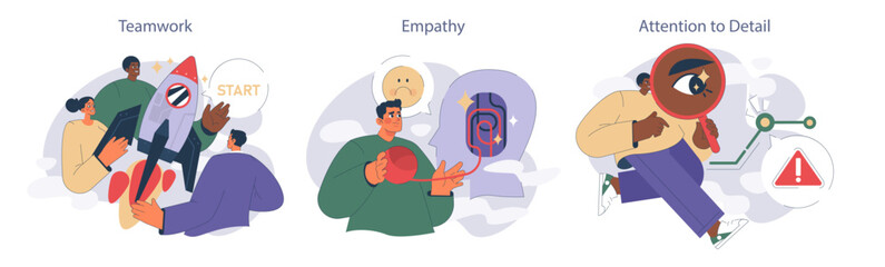 Soft skills set. Depicting collaboration, understanding, and meticulousness in the workplace.