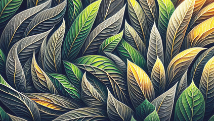 AI generated illustration of a vibrant tapestry of intricately patterned leaves in varying shades