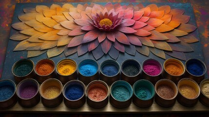 a colorful art board topped with lots of pots of paint