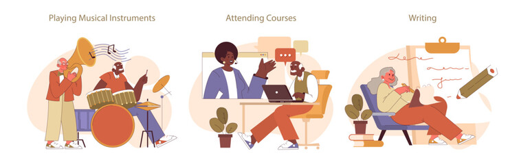 Retirees' Activities set. Illustration of seniors indulging in music, embracing online learning, and enjoying the art of writing. A celebration of creative and intellectual pursuits.