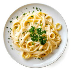 Plate of fettucini alfredo with garnish isolated top view on white background for menu. Italian pasta dish food - obrazy, fototapety, plakaty