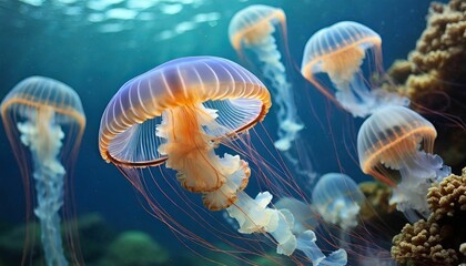 Fototapeta na wymiar Underwater scene featuring a school of beautiful jellyfish swimming, AI-generated.