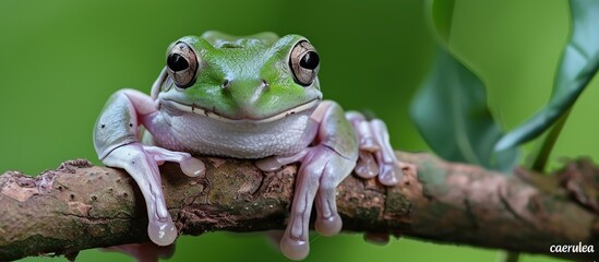 Naklejka premium Australian whites tree frog sitting on branch, Green tree frog 