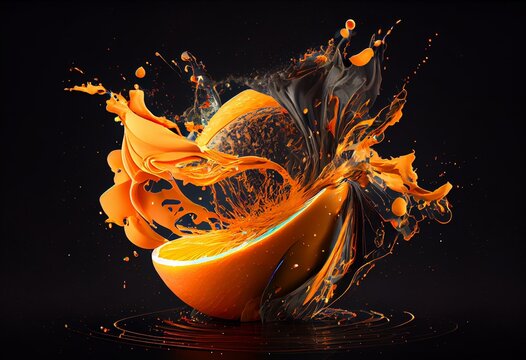 Qiwi and orange explosion splash moment on black background. Neural network AI generated art. Generative AI