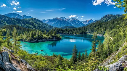 Fototapeta na wymiar AI generated illustration of an evergreen Alpine lake cradled by a dense evergreen forest