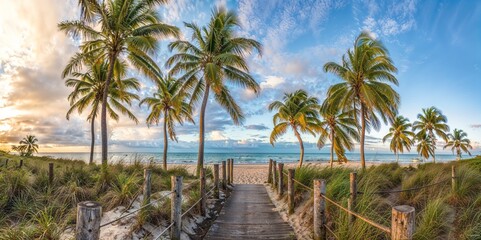 Obraz premium AI generated illustration of a sandy beach boardwalk flanked by lush tropical grasses
