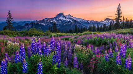 Fototapeta premium AI generated illustration of purple mountain meadows