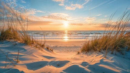 AI generated illustration of a seaside sunset panorama with white dunes in the foreground