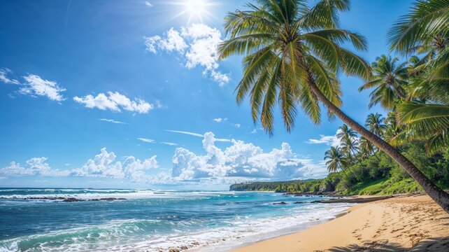 AI generated illustration of a sunlit tropical beach with an iconic leaning palm tree