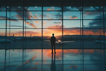 AI-generated illustration of a traveler observing a vibrant sunset from inside the airport terminal