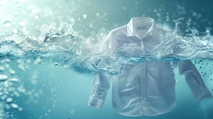 Clothes washing with floating shirt underwater and bubbles and wet splashes