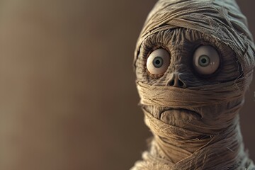 AI-generated illustration of a cartoonish mummy with a surprised expression on the face