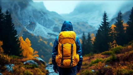 man hiking in the mountains in the rain with backpacks - obrazy, fototapety, plakaty