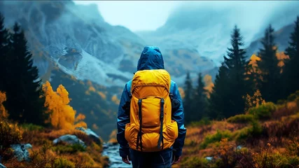 Foto op Aluminium man hiking in the mountains in the rain with backpacks © Wirestock