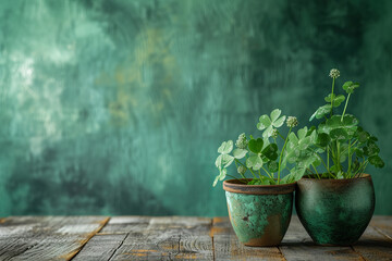 two pots filled with green plants on a table against a wall