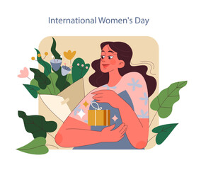 International Women's Day theme. A woman in contemplation, embracing a gift amidst blossoming flora. Celebrating femininity and spring's arrival.