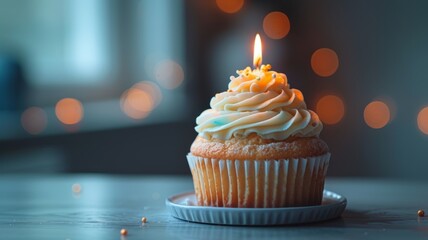 AI generated illustration of a cupcake adorned with creamy white frosting and a glowing candle - obrazy, fototapety, plakaty