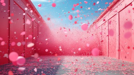 AI generated illustration of a vibrant alleyway adorned with falling confetti
