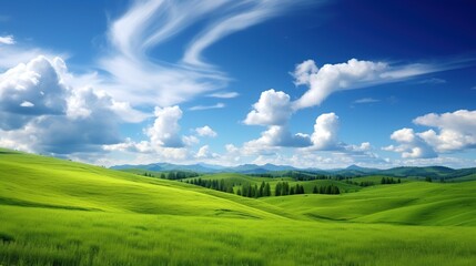 Obraz premium a field of green grass under a blue sky