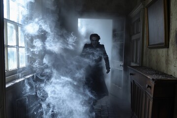 Fototapeta premium Mysterious figure gazing through a smoky window, clad in a dark robe, AI-generated.