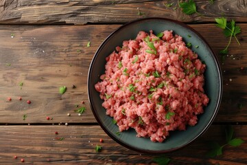 Fresh minced pork for cooking delicious food on a wooden background, top view