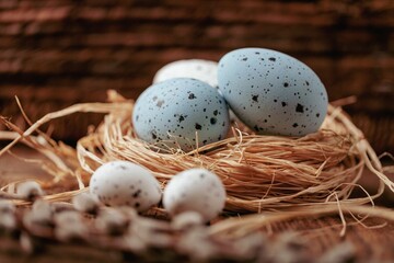 Naklejka na ściany i meble Easter concept, colored eggs in nest with willow
