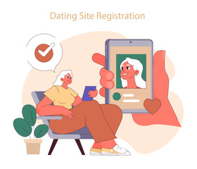 Dating website or social network registration. Senior woman creating a profile, stepping into online dating world with optimism. Embracing modern love. Flat vector illustration