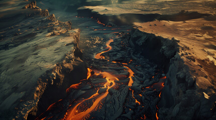 Twilight over Volcanic Terrain - Aerial View of a Fiery Magma River Cutting Through Hardened Lava Fields, the Beauty of Natural Destruction, Ideal for High-Resolution Stock Photography