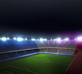 Aerial view. Illuminated empty football stadium at night with starry sky. Vibrant crowdy stages...