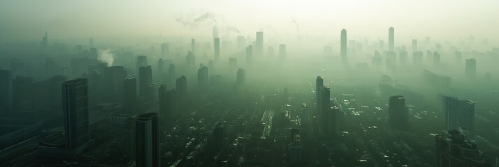 Aerial view of metropolis, a dense haze of pollutants blankets the city air, obscuring the skyline...