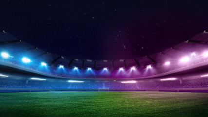 Soccer stadium field with green grass illuminated blue and purple spotlights at night with starred sky. Sport games. Concept of professional sport, championship tournaments 2024, league, match, win.