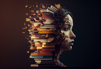 A head full of books, educational motivational conception created with generative AI technology