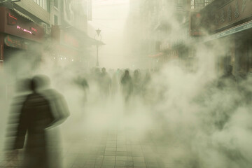 Smog settles over the cityscape, streets are hazy maze of blurred outlines, with pedestrians navigating through the dense fog.