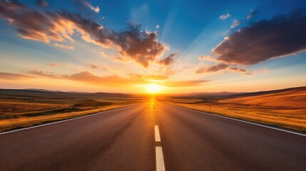 Naklejka premium Highway road going into the distance. Sunset.