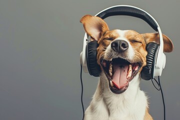 Cute dog listening to music with headphones on, enjoying it very much. - obrazy, fototapety, plakaty