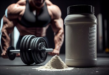 Barbell and whey protein shaker. Sports bodybuilding supplements or nutrition. Fitness or healthy lifestyle concept. Generative AI