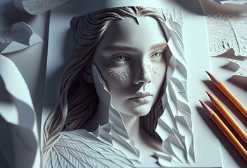 3D Illustration weißes Männchen aus Papier Suche. Generative AI