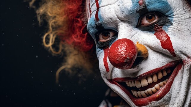 Portrait of a crazy clown with a scary face, showing the sadness behind the happy face.	
