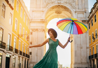 woman with umbrella in the street of Lisbon