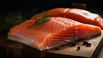 Raw salmon fish fillet with culinary ingredients, herbs and lemon on black background