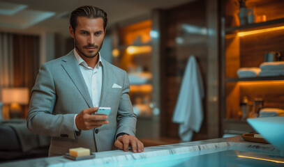 A young business man brushing his teeth in the bathroom is doing business in the bathroom while looking at data on his mobile phone, a young businessman. Image generated by AI