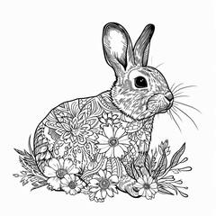 Rabbit with flowers. Coloring page. Black and white hand drawn vector illustration.