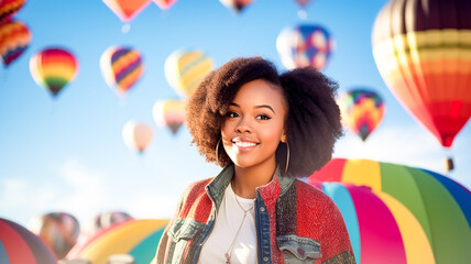 Cheerful of young African American girl with curly hair looking at the camera standing outdoors  against a colorful balloon festival with hot air balloons in the sky background.  

