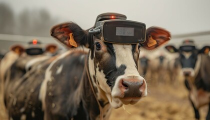 Precision Livestock Farming, precision livestock farming with an image showing farmers using wearable sensors and monitoring devices to track animal health, behavior, AI  - obrazy, fototapety, plakaty