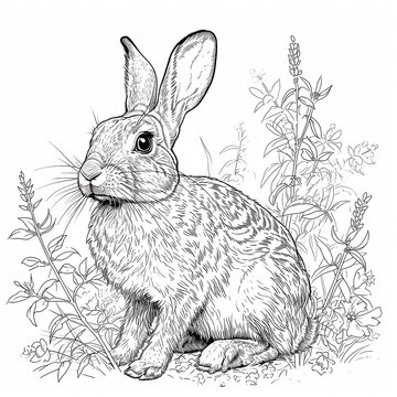 Rabbit sitting in the grass. Coloring page. Black and white vector illustration.