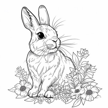 Rabbit with flowers. Coloring page. Black and white illustration for coloring book.