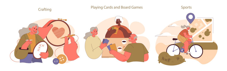 Retirees' Activities set. Engrossed in crafting, strategic games, and cycling, seniors showcase a blend of creative, intellectual, and physical vitality.