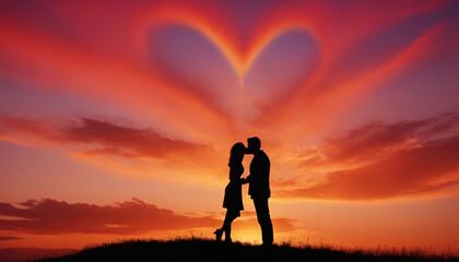 Obraz premium silhouette of a couple kissing on the background of a heart