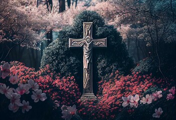 Christian cross among blooming spring trees. Christian Easter background, generative ai - obrazy, fototapety, plakaty