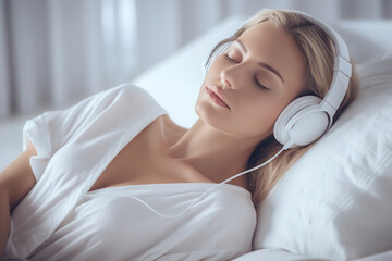 Young woman sleeping in a white bed wearing headphones. Is sleeping with headphones on bad for you?